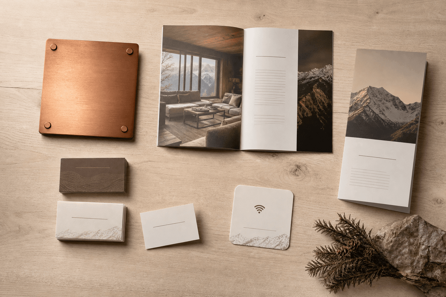 Kit di materiali fisici brandizzati: targhette, biglietti, welcome book