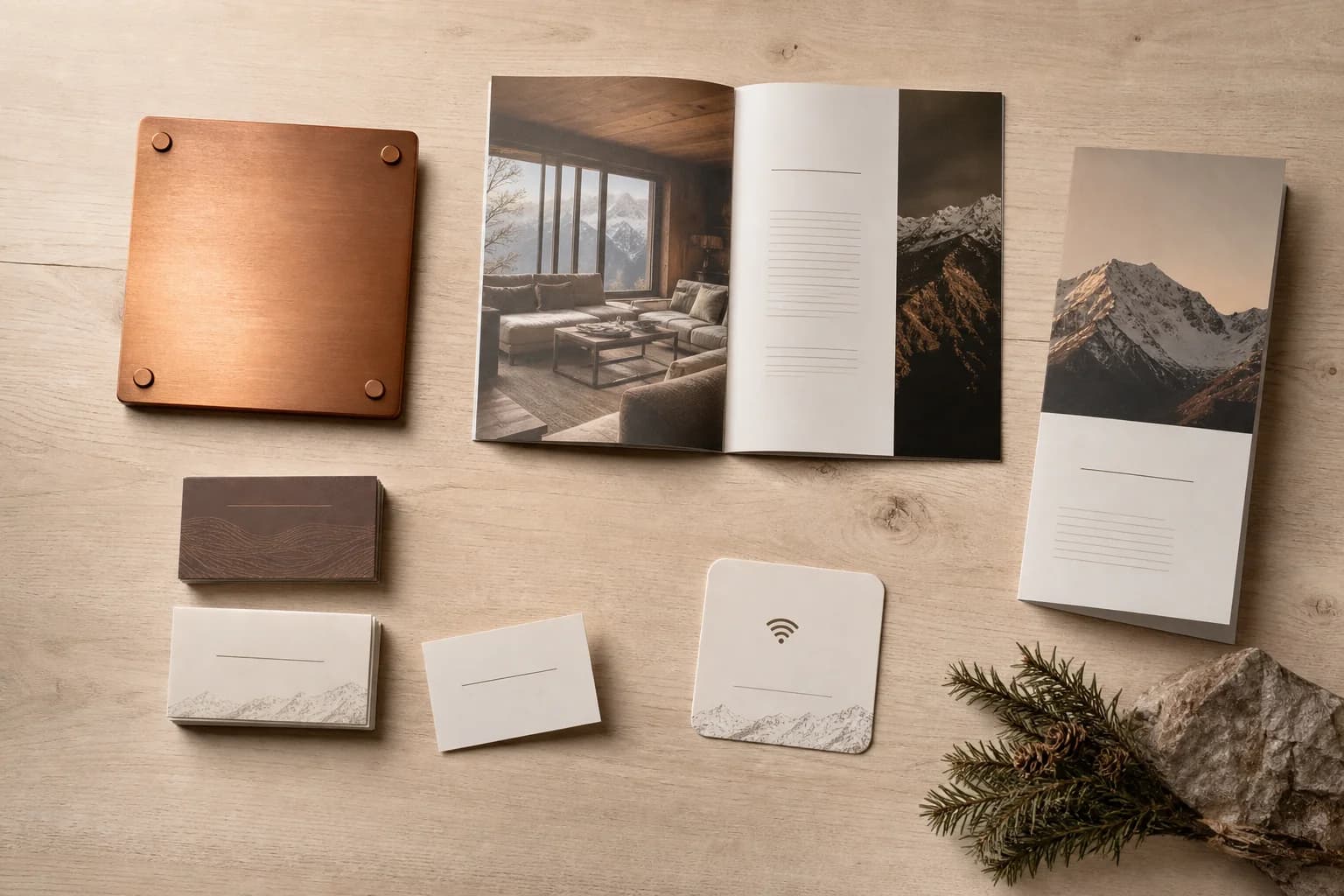 Kit di materiali fisici brandizzati: targhette, biglietti, welcome book